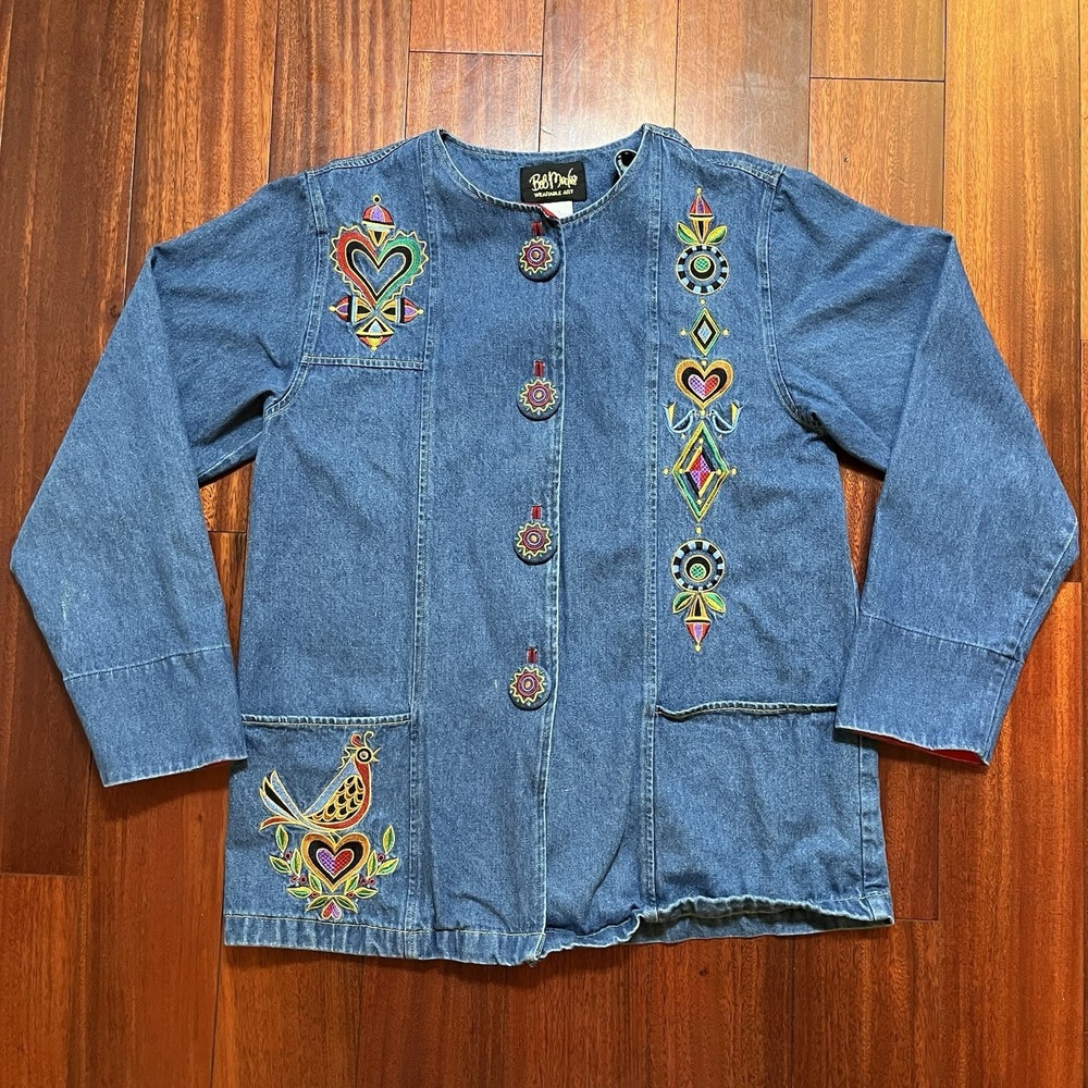 Bob Mackie Wearable Art Shirt Jacket Women Medium Denim Embroidered Vintage Y2k